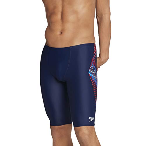 Speedo Men's Standard Swimsuit Jammer Powerflex Printed Team Colors, Coded Red/White/Blue, 34