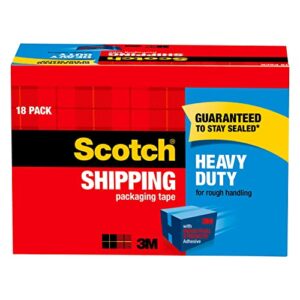 scotch heavy duty packaging tape, 1.88″ x 54.6 yd, designed for packing, shipping and mailing, guaranteed to stay sealed, 3″ core, clear, 18 rolls (3850-18cp)