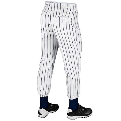 CHAMPRO Boys Traditional Fit Triple Crown Classic Baseball Pants with Knit-in Pinstripes and Reinforced Sliding Areas, White, Navy Pin, Medium