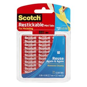 scotch mounting, fastening & surface protection x 0.5-inch, 72 scotch restickable mini tabs, 0.5″x0.5″, clear (r103), 1/2″ square, count