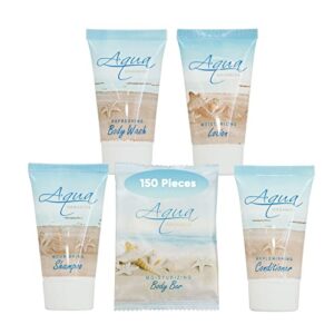 aqua organics hotel soaps and toiletries bulk set | 1-shoppe all-in-kit amenities for hotels & airbnb | 1oz hotel shampoo & conditioner, body wash, body lotion & 1oz bar soap travel size | 150 pieces