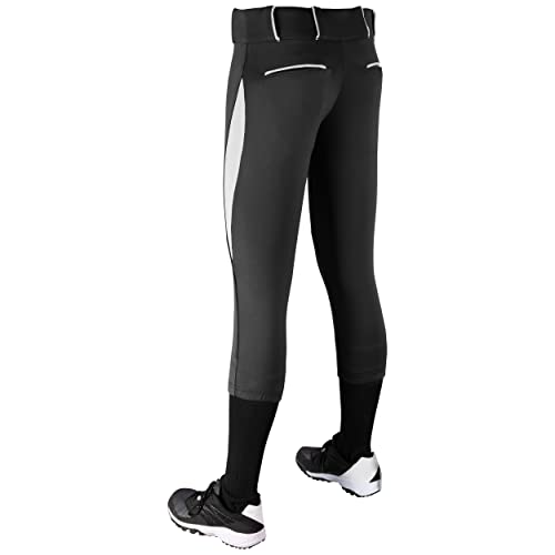 CHAMPRO Surge Traditional Low-Rise Fastpitch Softball Pant with Contrast-Color Braid Piping - Small,Black, White