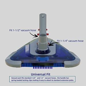 POOLWHALE See-Thru Weighted Transparent Triangular Pool Rotative Vacuum Head with Brush & EZ Clip Handle - 3 Ball Wheels for Cleaning Surface Safe on Vinyl Lined Pools