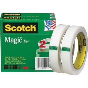 scotch brand magic tape, 2 rolls, numerous applications, cuts cleanly, engineered for repairing, 3/4 x 2592 inches, boxed (810-2p34-72)