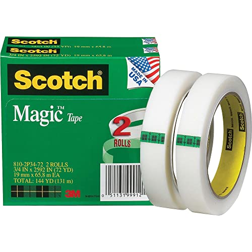 Scotch Brand Magic Tape, 2 Rolls, Numerous Applications, Cuts Cleanly, Engineered for Repairing, 3/4 x 2592 Inches, Boxed (810-2P34-72)