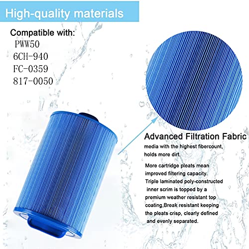 Pww50 Replacement Cartridge Filter Compatible with Pleatco Spa Filter, Hot Tub Filter Replacement Compatible with Unicel 6ch-940, Filbur Fc-0359, 2 Pack