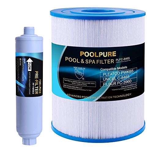 POOLPURE Garden Hose End Pre Filter and Watkins 31114 Replacement Spa Filter Suit, Compatible with Unicel C-8465, PWK65, Filbur FC-3960, 71827, 71828, Watkins 65 sq.ft Tiger River Spa Filter