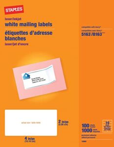 staples 18060ct inkjet/laser shipping labels, 10 labels/sheet, white 2hx4w, 1000 labels/bx, 10 bx/ct