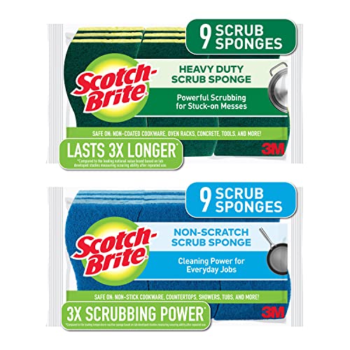 Scotch-Brite Non-Scratch Scrub Sponges, 9 Pack + Scotch-Brite Heavy Duty Scrub Sponges, 9 Pack for Stuck-on Mess, Dishes and Cleaning The Kitchen