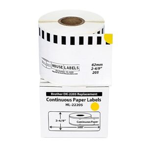 houselabels compatible with dk-2205 replacement roll for brother ql label printers; yellow continuous length labels; 2-4/9″ x 100 feet (62mm*30.48m) – 1 roll