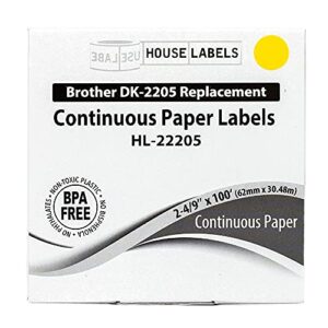 HOUSELABELS Compatible with DK-2205 Replacement Roll for Brother QL Label Printers; Yellow Continuous Length Labels; 2-4/9" x 100 feet (62mm*30.48m) - 1 Roll