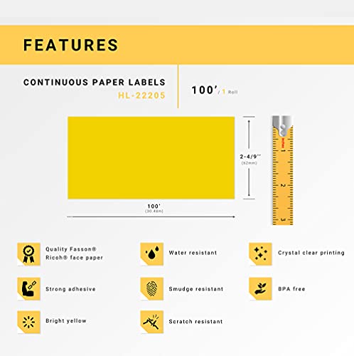 HOUSELABELS Compatible with DK-2205 Replacement Roll for Brother QL Label Printers; Yellow Continuous Length Labels; 2-4/9" x 100 feet (62mm*30.48m) - 1 Roll