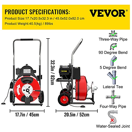 VEVOR Drain Cleaner Machine 100 Ft x 3/8 Inch Auto Feed Drain Cleaning Machine Fits 1 to 4 Inch Pipes, Portable Drain Auger Cleaner with 8 Auger Bits, Electric Drain Auger Plumbing Tool