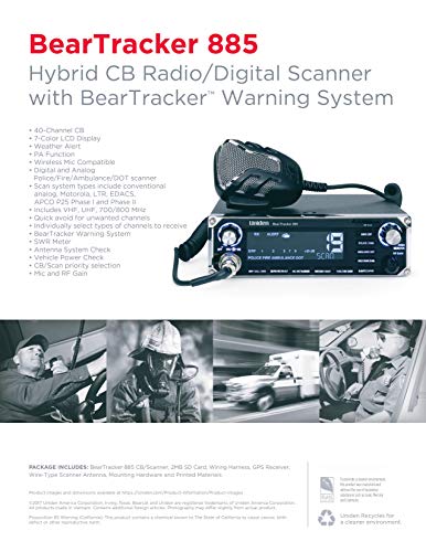 Uniden BEARTRACKER 885 Hybrid Full-Featured CB Radio + Digital TrunkTracking Police/Fire/Ambulance/DOT Scanner w/ BearTracker Warning System Alerts, 40-channel CB, 4-Watts power, 7-color display.