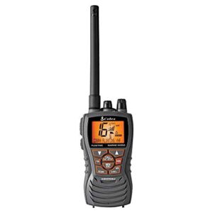 cobra mr hh350 flt handheld floating vhf radio – 6 watt, submersible, noise cancelling mic, backlit lcd display, noaa weather, and memory scan, grey