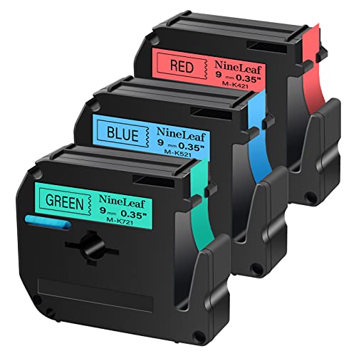 NineLeaf 3PK Black on Red MK421 Black on Blue MK521 Black on Green MK721 9mm 3/8'' x 8m Label Tape Compatible for Brother M-K421 M421 M-K521 M521 M-K721 P-Touch PT-70 PT-65 PT-80 Label Maker