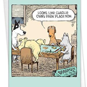 NobleWorks - 1 Humor Birthday Card with Envelope - Funny Cartoons for Birthday Greetings, Celebration Notecard - Dogopoly C3986BDG