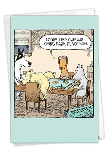 NobleWorks - 1 Humor Birthday Card with Envelope - Funny Cartoons for Birthday Greetings, Celebration Notecard - Dogopoly C3986BDG