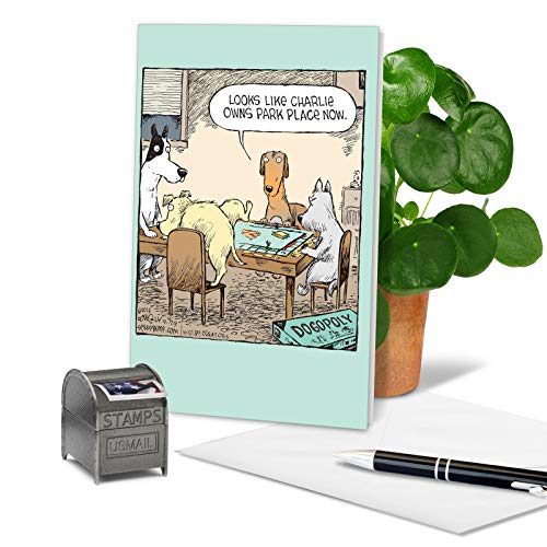 NobleWorks - 1 Humor Birthday Card with Envelope - Funny Cartoons for Birthday Greetings, Celebration Notecard - Dogopoly C3986BDG