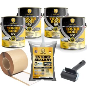 tough tech coatings roof rv sealant coating kit – permanent rv roof waterproofing kit – for all rvs, and trailers surfaces – 200 sq ft coverage – 87% solar reflective – 4 gal kit white