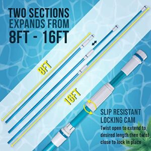 U.S. Pool Supply Professional 16 Foot Blue Anodized Aluminum Telescopic Swimming Pool Pole, Adjustable 2 Piece Expandable Step-Up - Attach Connect Skimmer Nets, Rakes, Brushes, Vacuum Heads with Hoses