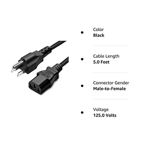 Standard 5ft (1.5m) 10 Amps 125 Volts Black 3 Prong AC Power Cord Cable for Electronics, TV, Computer, Printer, Radio, Monitor, Samsung, Dell, Vizio, LG, Asus, Laptop and More