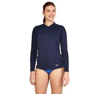 speedo women’s standard uv swim shirt long sleeve full zip front rashguard, peacoat, large
