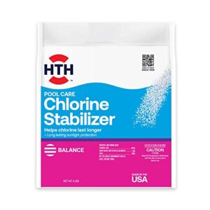 hth pool care chlorine stabilizer, swimming pool chemical helps chlorine last longer, sunlight protection, 4 lbs