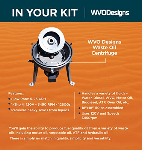 WVO Designs Waste Oil Centrifuge — Cleans Waste Vegetable Oils & Other Fluids — Extracts Dirt & Water — Processes Up to 25 Gallons/Hour