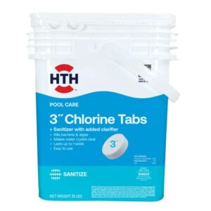 hth pool care 3″ chlorine tabs, swimming pool chlorinating sanitizer, kills algae and bacteria, 35 lbs.