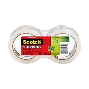 scotch sure start packaging tape, 1.88″ x 54.6 yd, designed for packing, shipping and mailing, no splitting or tearing, 3″ core, clear, 2 rolls (3450-2)