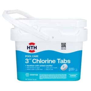 hth pool care 3″ chlorine tabs, swimming pool chlorinating sanitizer, kills algae and bacteria, 25 lbs.