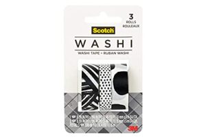 scotch washi tape, black and white pattern design, 3 rolls, assorted sizes, great for bullet journaling, scrapbooking and diy décor (c1017-3-p39)