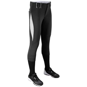 CHAMPRO Surge Traditional Low-Rise Fastpitch Softball Pant with Contrast-Color Braid Piping, Black,White, Large