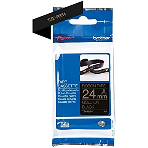 Brother TZe-R354 Labelling Tape Cassette, Gold on Black, 24mm (W) x 4M (L), Ribbon Tape, Brother Genuine Supplies