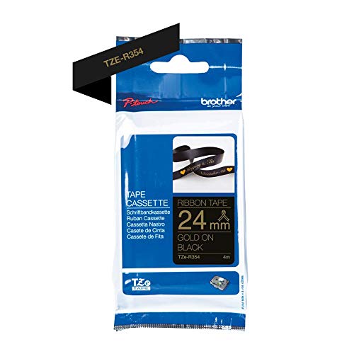 Brother TZe-R354 Labelling Tape Cassette, Gold on Black, 24mm (W) x 4M (L), Ribbon Tape, Brother Genuine Supplies