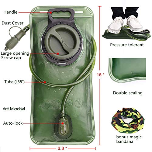 Hydration Bladder, 2L Water Bladder for Hiking Backpack Leak Proof Water Reservoir Storage Bag, Water Pouch Hydration Pack Replacement for Camping Cycling Running, Military Green 2 Liter, BPA-Free