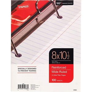 staples 2072509 reinforced filler paper wide ruled 8-inch x 10 1/2-inch 100 sheets 12 pack