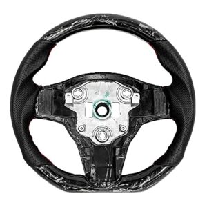 cobra-tek carbon fiber steering wheel forged compatible with tesla 3 2017 – 2018 – 2019 – 2020 – 2021 – 2022 – red stitches – non-slip and protection – hand-saber