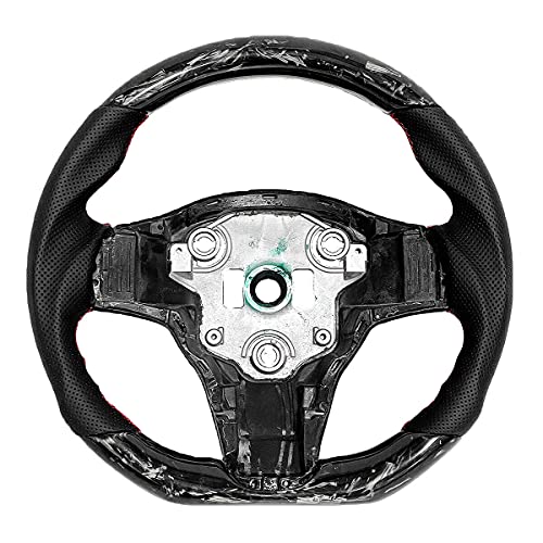 Cobra-tek Carbon Fiber Steering Wheel Forged Compatible with Tesla 3 2017 - 2018 - 2019 - 2020 - 2021 - 2022 - Red Stitches - Non-Slip and Protection - Hand-Saber