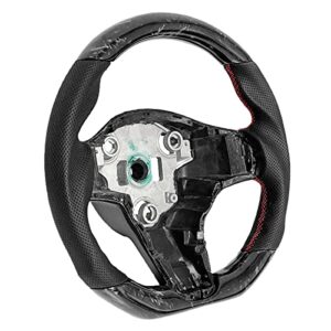 Cobra-tek Carbon Fiber Steering Wheel Forged Compatible with Tesla 3 2017 - 2018 - 2019 - 2020 - 2021 - 2022 - Red Stitches - Non-Slip and Protection - Hand-Saber