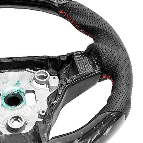 Cobra-tek Carbon Fiber Steering Wheel Forged Compatible with Tesla 3 2017 - 2018 - 2019 - 2020 - 2021 - 2022 - Red Stitches - Non-Slip and Protection - Hand-Saber