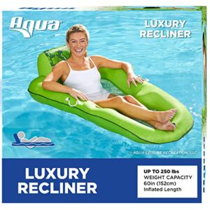aqua leisure luxury water lounge, x-large, inflatable pool float with headrest, backrest & footrest, lime floral trip print, (l x w): 63 x 36