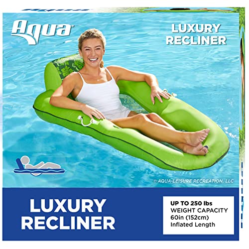 Aqua LEISURE Luxury Water Lounge, X-Large, Inflatable Pool Float with Headrest, Backrest & Footrest, Lime Floral Trip Print, (L x W): 63 x 36