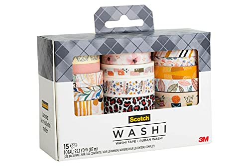 Scotch Washi Tape, Whimsical Design, 15 Rolls, Great for Bullet Journaling, Scrapbooking and DIY Décor (C1017-15-P5)