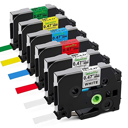 Compatible Label Tape Replacement for Brother Ptouch TZe-231 Label Tapes Bundle with Replacement TZe Label Tape Multicolor, 0.47" x 26.2', Black on White/Clear/Red/Blue/Yellow/Green (Total 12-Pack)