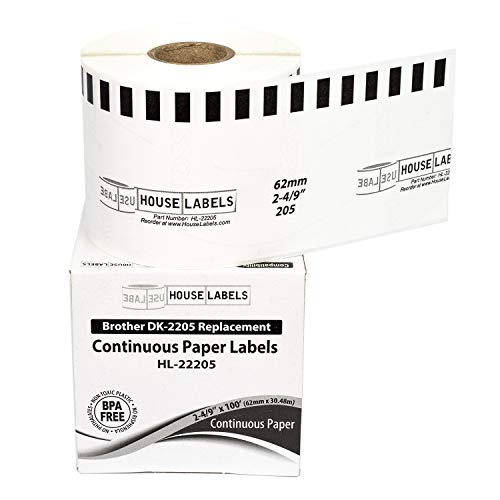 HOUSELABELS Compatible with DK-2205 Replacement Roll for Brother QL Label Printers; Continuous Length Labels; 2-4/9" x 100 feet (62mm*30.48m) - 8 Rolls