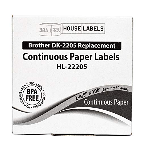 HOUSELABELS Compatible with DK-2205 Replacement Roll for Brother QL Label Printers; Continuous Length Labels; 2-4/9" x 100 feet (62mm*30.48m) - 8 Rolls