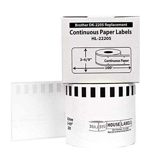 HOUSELABELS Compatible with DK-2205 Replacement Roll for Brother QL Label Printers; Continuous Length Labels; 2-4/9" x 100 feet (62mm*30.48m) - 8 Rolls