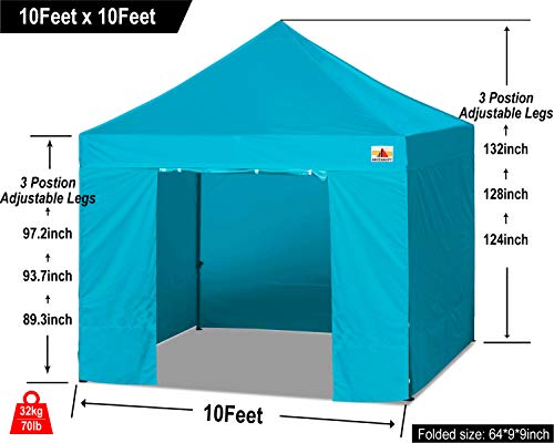 ABCCANOPY Heavy Duty Ez Pop up Canopy Tent with Sidewalls 10x10, Turquoise